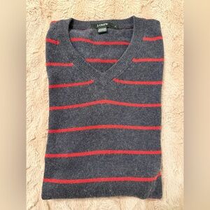 ($98) J. Crew Gray and Red Striped Cashmere Wool Blend V-Neck Sweater (Size L)